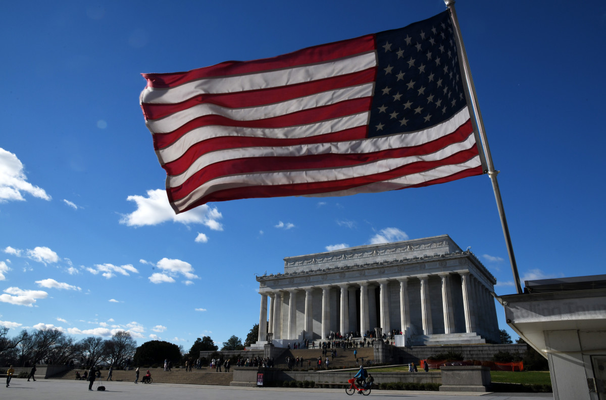 An American flag flies near the Lincoln Memorial on December 22nd, 2018, in Washington, D.C.