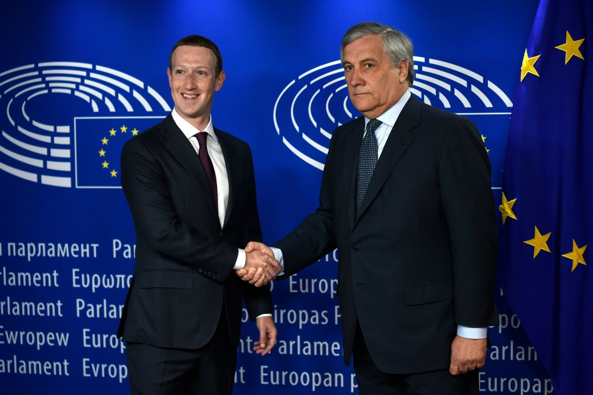 European Parliament President Antonio Tajani welcomes Facebook's Mark Zuckerberg at the European Parliament prior to his testimony on the Cambridge Analytica data scandal in May of 2018. Under a European regulation enacted that month, France recently fined Google €50 million.