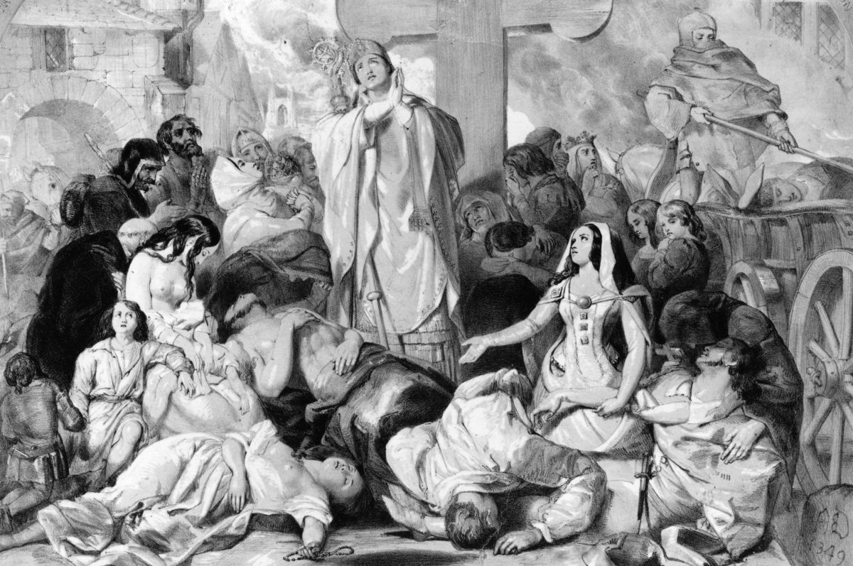 People praying for relief from the bubonic plague, circa 1350.