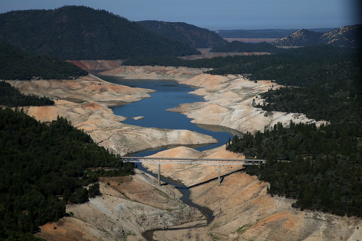 A section of Lake Oroville is seen nearly dry on August 19th, 2014, in Oroville, California.