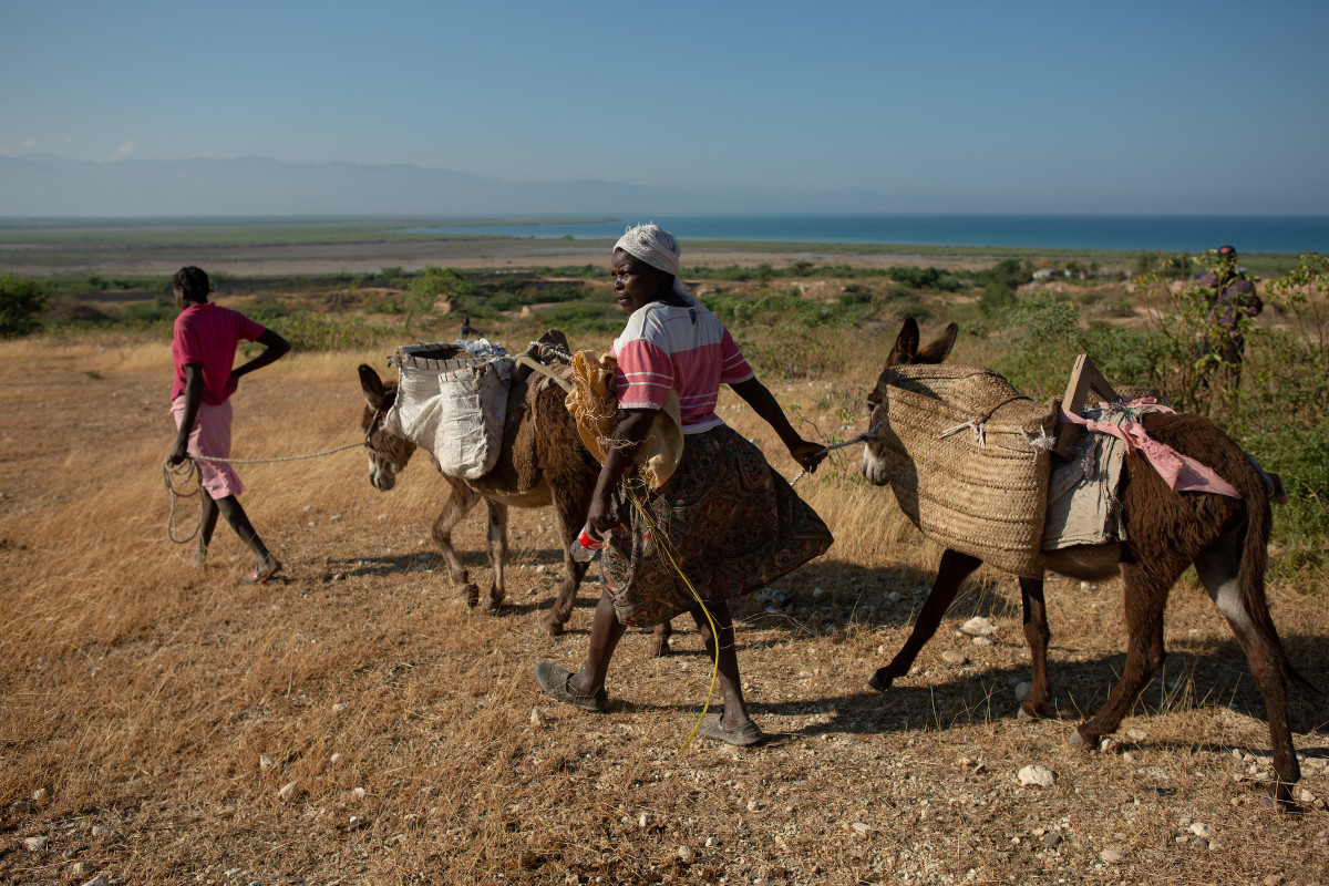 Women walk with their donkeys outside the St. Christophe memorial, the mass gravesite where tens of thousands of earthquake victims are buried, on the ninth anniversary of the 2010 earthquake, just north of Port-au-Prince, Haiti, January 12th, 2019. The property is surrounded on three sides by greater Canaan.