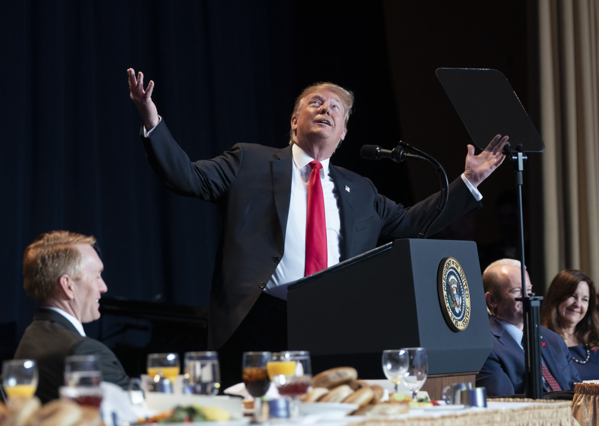 President Donald Trump speaks during the 2019 National Prayer Breakfast on February 7th, 2019, in Washington, D.C.