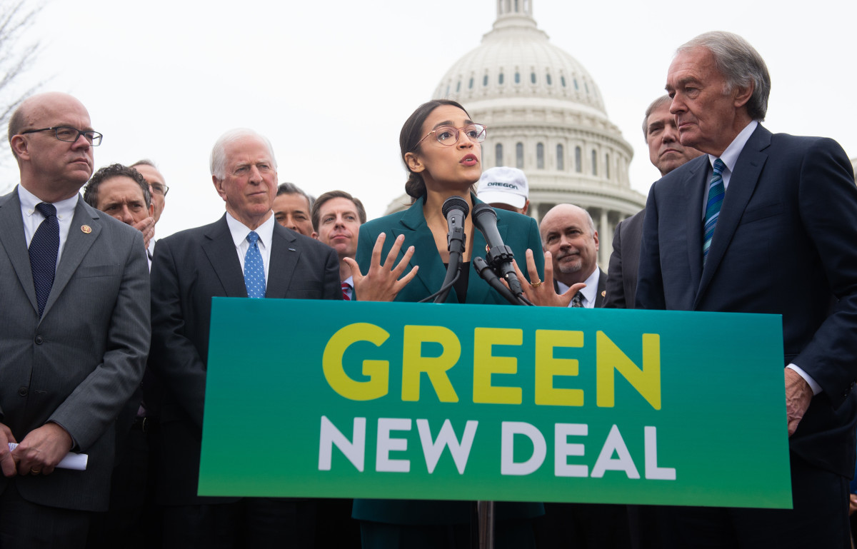 Representative Alexandria Ocasio-Cortez and Senator Ed Markey speak during a press conference to announce their proposal of Green New Deal legislation, at the U.S. Capitol in Washington, D.C., on February 7th, 2019.