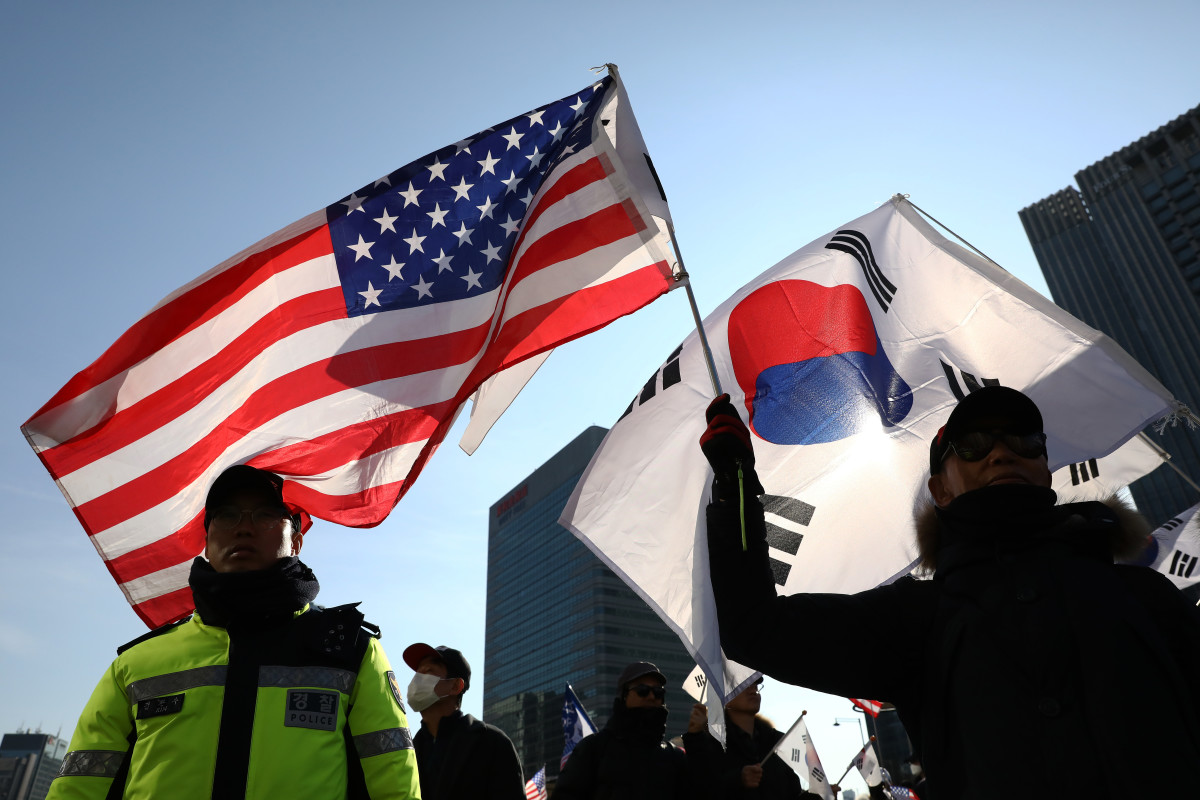 South Korean conservative protesters participate in a pro-U.S. and anti-North Korea rally on February 23rd, 2019, in Seoul, South Korea.