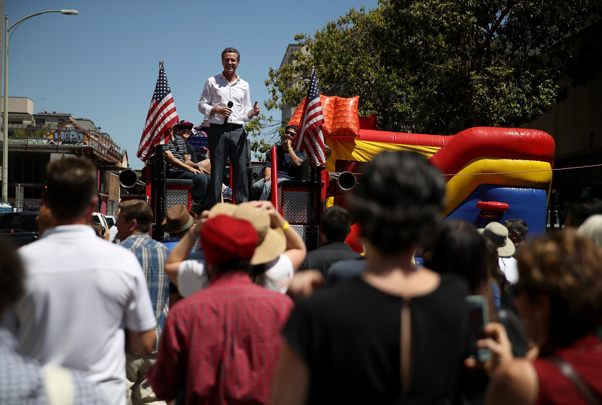 Then-gubernatorial candidate Gavin Newsom speaks at a campaign event hosted by California Assemblyman Rob Bonta, in June of 2018.
