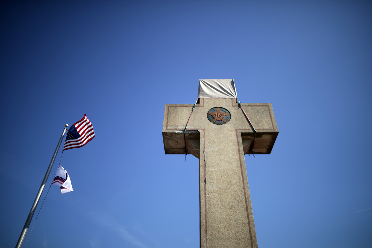 A 40-foot cross that honors 49 fallen World War I soldiers from Prince George's County, Maryland, stands at the busy intersection of Bladensberg and Annapolis roads and Baltimore Avenue on February 28th, 2019, in Bladensburg, Maryland. The cross is at the heart of a Supreme Court case argued by justices this week about whether the symbol runs afoul of the First Amendment's ban on government establishment of religion by sending a message of favoritism to Christianity.