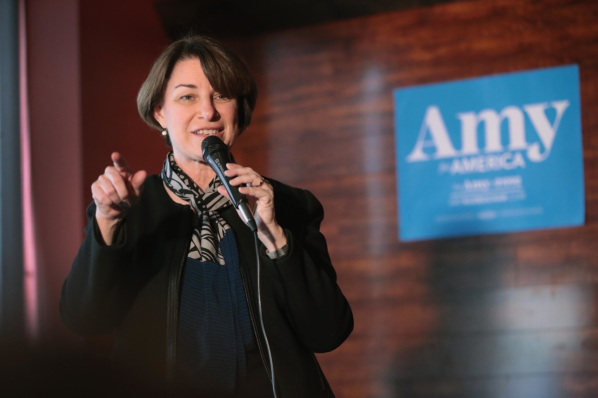 Senator Amy Klobuchar speaks during a campaign stop at the Marion County Democrats' soup luncheon at the Peace Tree Brewing Company on February 17th, 2019, in Knoxville, Iowa.