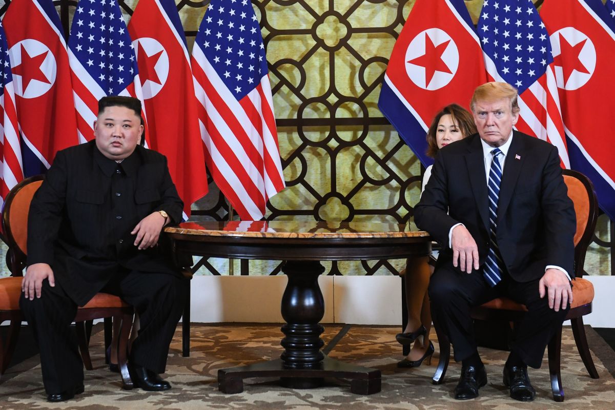 President Donald Trump and North Korea's leader Kim Jong-Un hold a meeting during the second U.S.–North Korea summit, in Hanoi on February 28th, 2019.