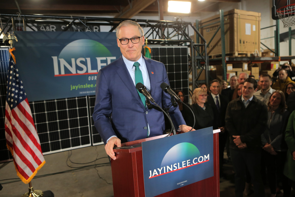 Washington State Governor Jay Inslee announces his run for the 2020 presidency at A & R Solar on March 1st, 2019, in Seattle, Washington.