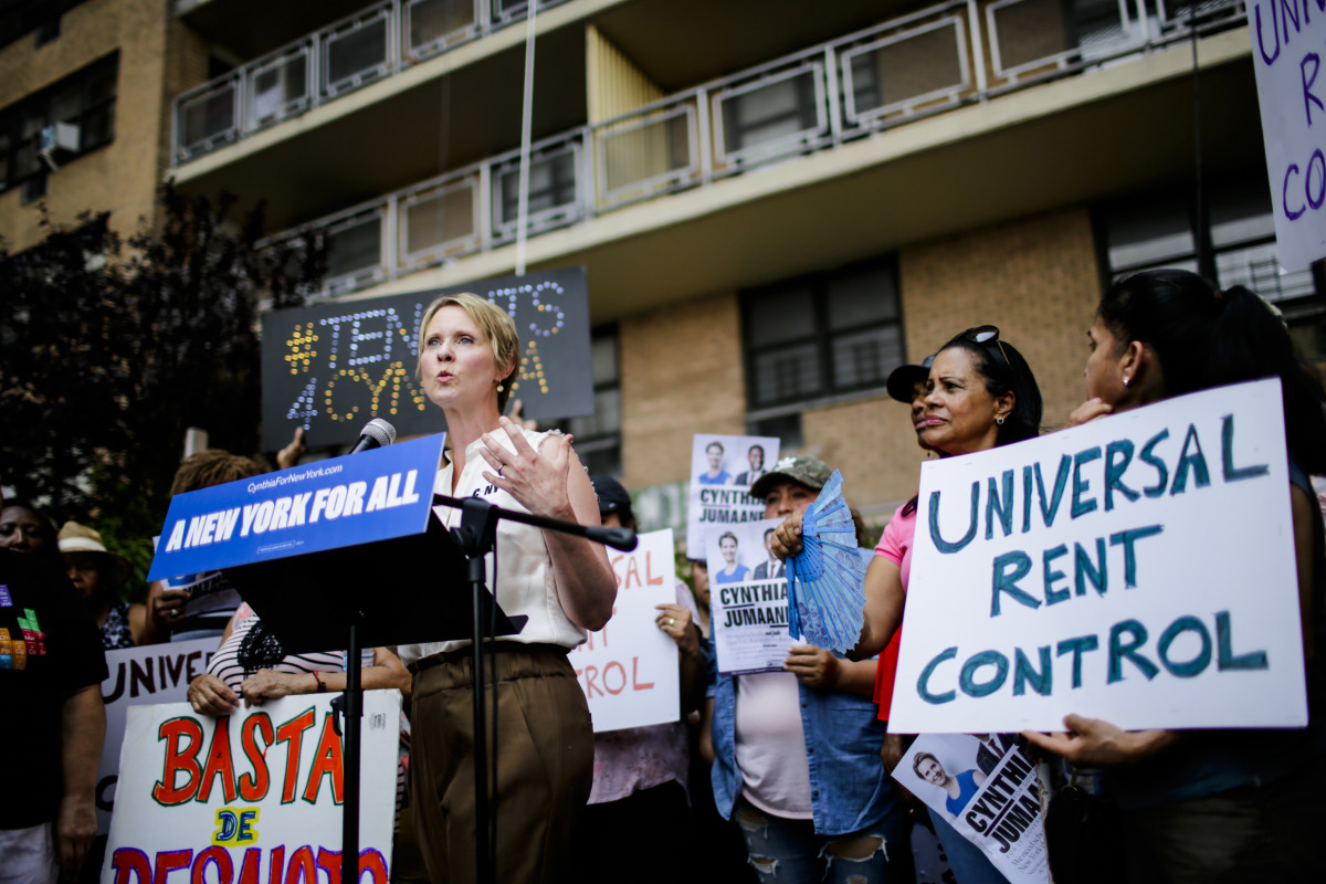 2018 Democratic gubernatorial candidate Cynthia Nixon speaks at a rally for universal rent control in New York City.
