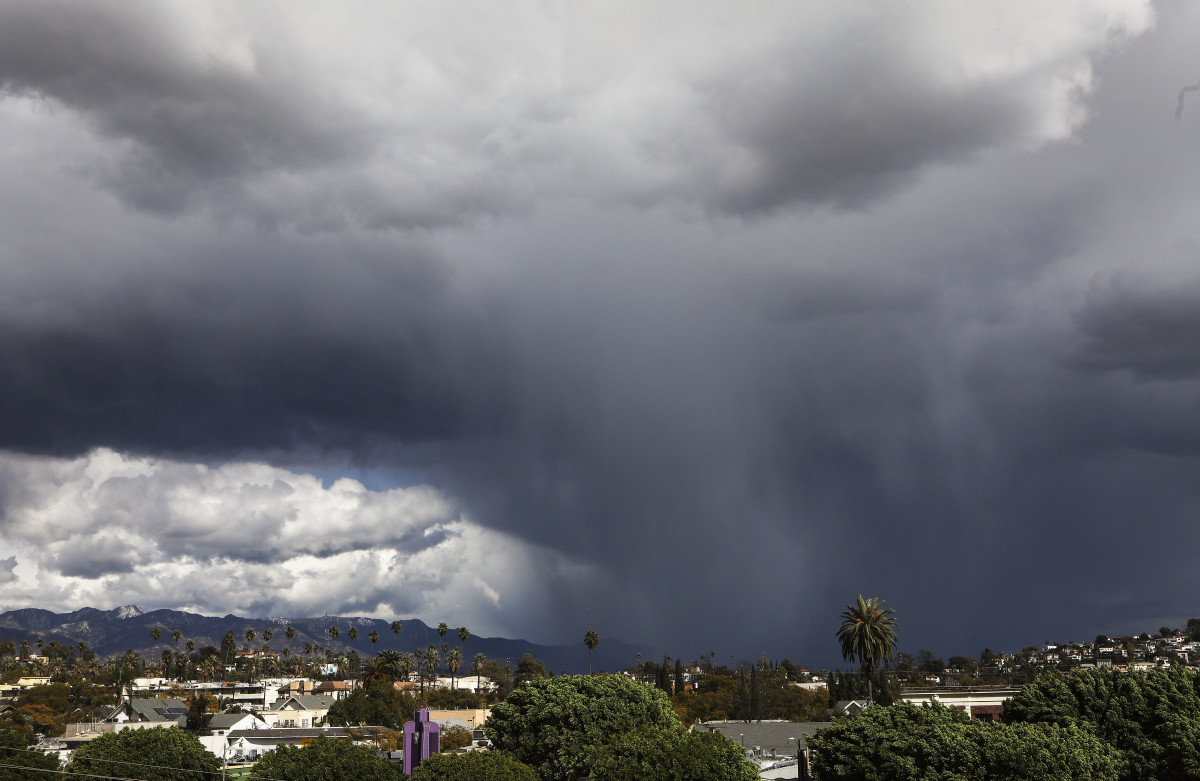 A wintry mix of precipitation falls during an unusually cold winter storm system on February 21st, 2019, in Los Angeles, California. Some parts of Los Angeles County received a brief dusting of snow during the storm.