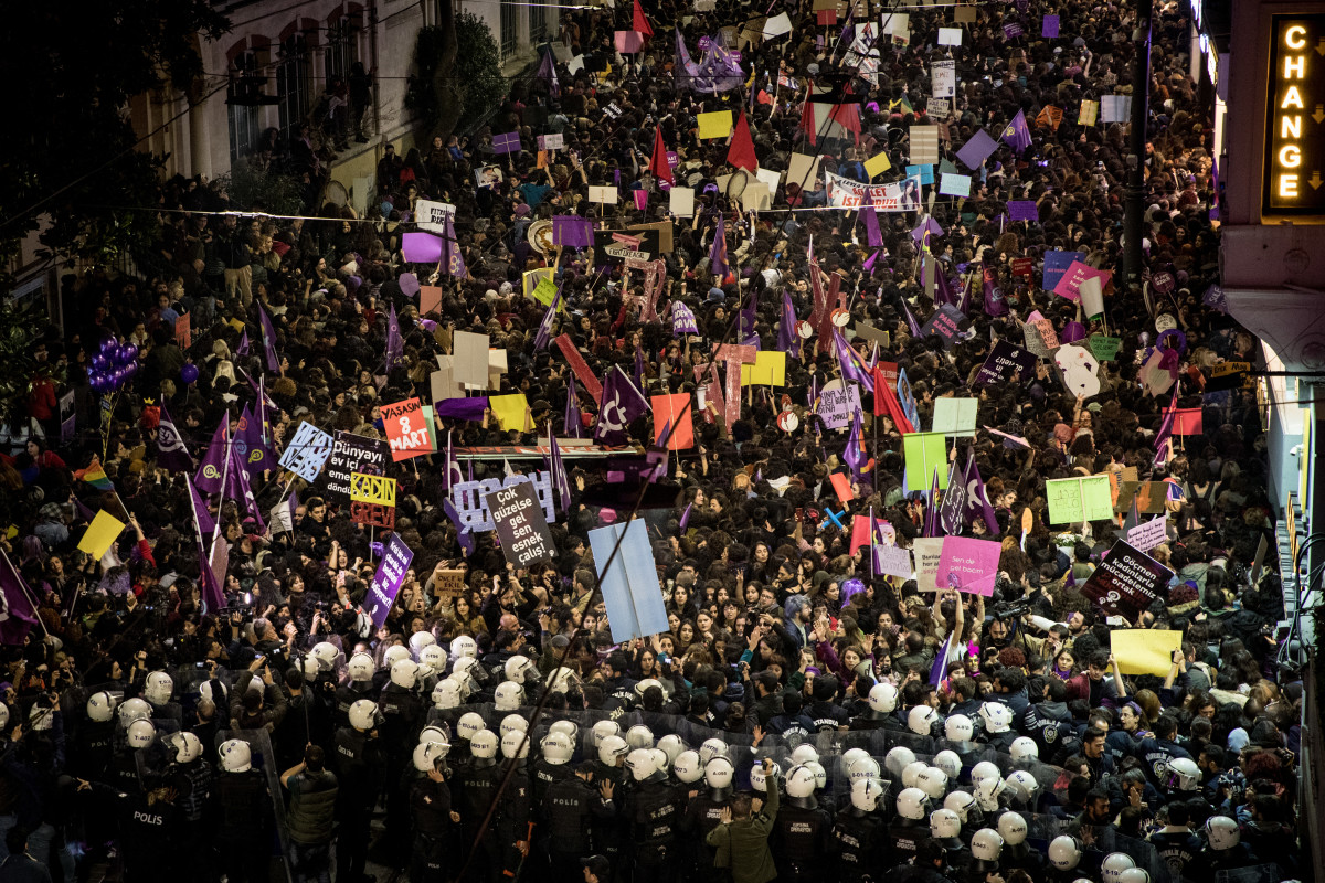 Police move to disperse thousands of people marching down Istiklal Street during a rally for International Women's Day in Istanbul, Turkey, on March 8th, 2019.