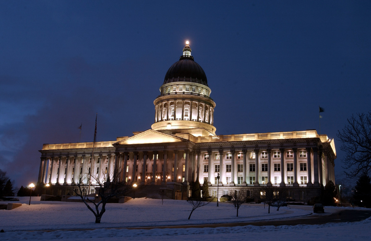 Lights illuminate the Utah State Capitol on January 15th, 2002, in Salt Lake City ahead of the 2002 Winter Olympic Games.
