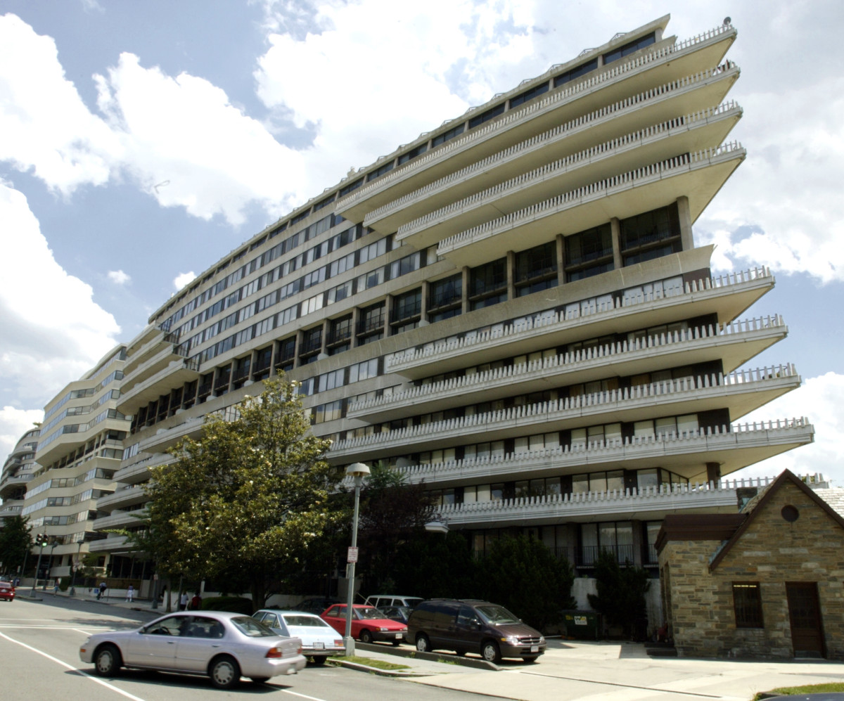 The Watergate complex in Washington, D.C., is pictured in 2002. In 1972, burglars used eavesdropping bugs to listen in on the Democratic National Committee with offices in the Watergate by setting up shop in the nearby Howard Johnson Hotel. They were caught in the act, with the scandal leading up to the resignation of then-President Richard Nixon.