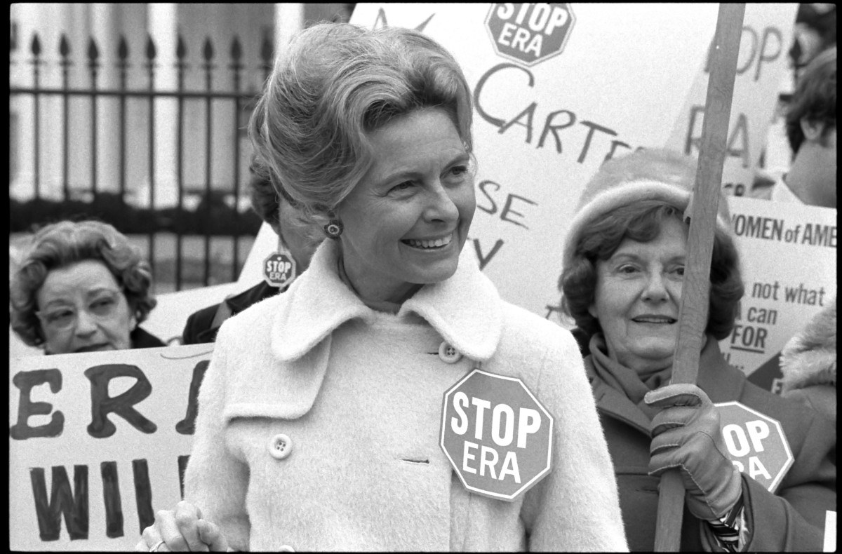 Anti-feminist activist Phyllis Schlafly demonstrates with other women against the Equal Rights Amendment in front of the White House in Washington, D.C., on February 4th, 1977.