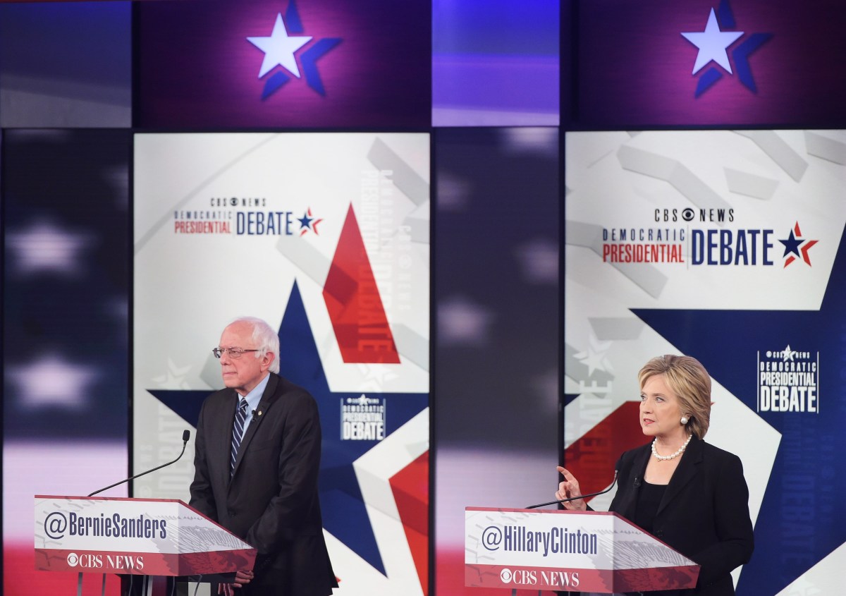 Hillary Clinton and Bernie Sanders during the second Democratic presidential primary debate in November of 2015.