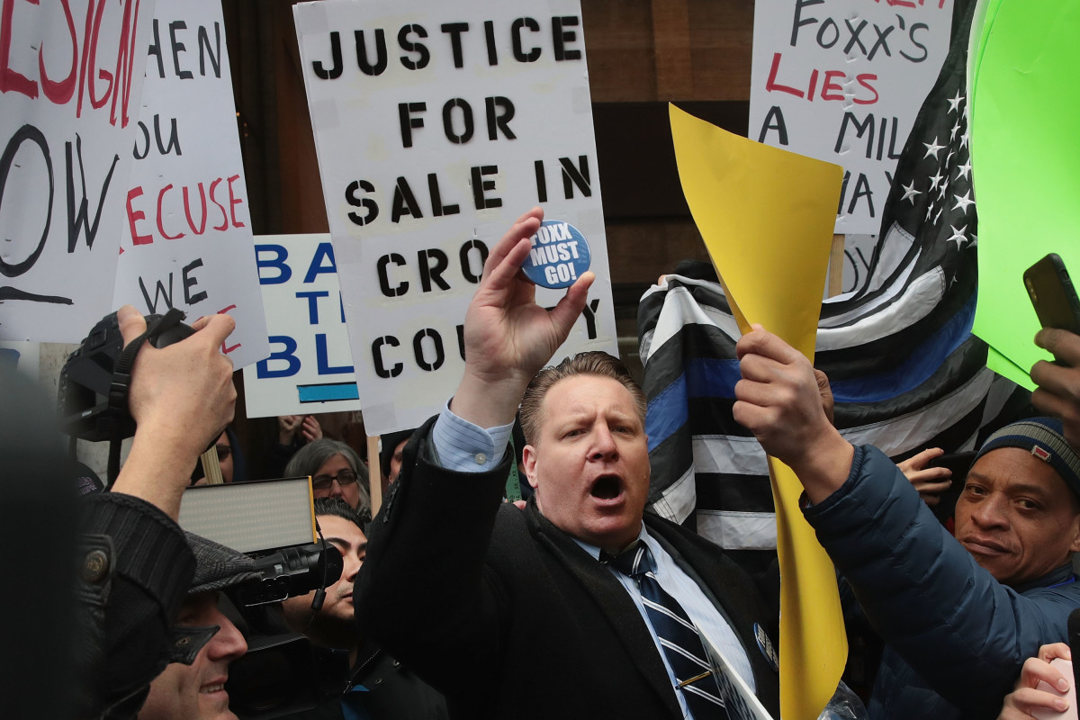 Protesters organized by the Fraternal Order of Police call for the removal of Cook County State's Attorney Kim Foxx on April 1st, 2019, in Chicago, Illinois. Foxx has been under fire after her office worked out a deal to drop felony charges against Empire actor Jussie Smollett.