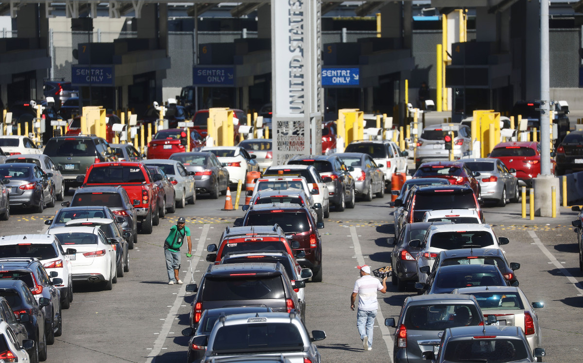 Cars line up to cross into the U.S. at the San Ysidro Port of Entry, one of the busiest land border crossings in the world, on the U.S.–Mexico border on March 31st, 2019, in Tijuana, Mexico.