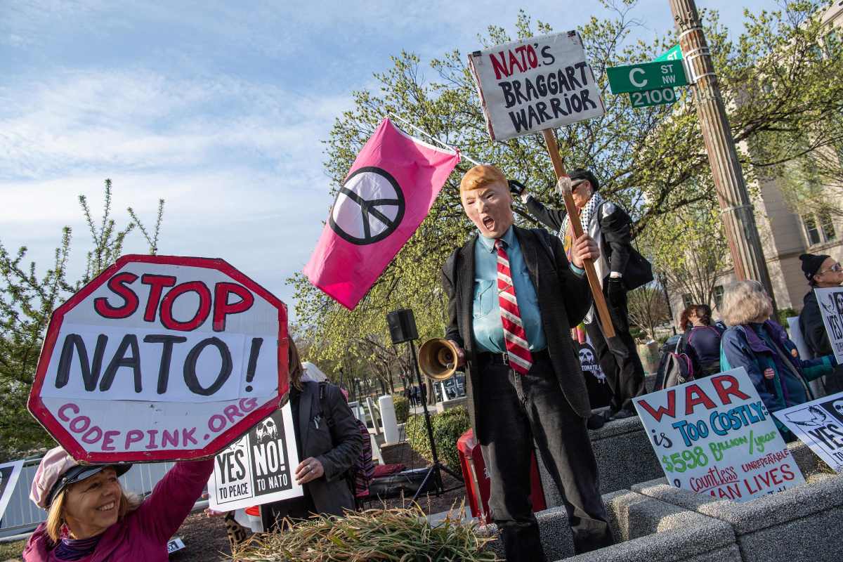 Demonstrators protest against the North Atlantic Treaty Organization near the Department of State in Washington, D.C., on April 4th, 2019, as NATO ministers gather for a meeting.