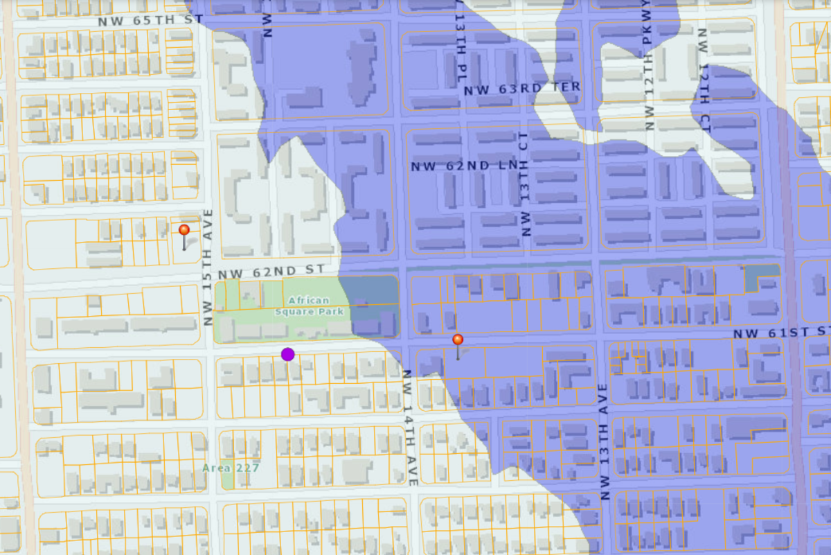 Locations of the two affordable housing projects that have been announced so far through the Miami Forever Bond. Purple areas are flood-prone areas, according to Miami-Dade County's flood zone map.
