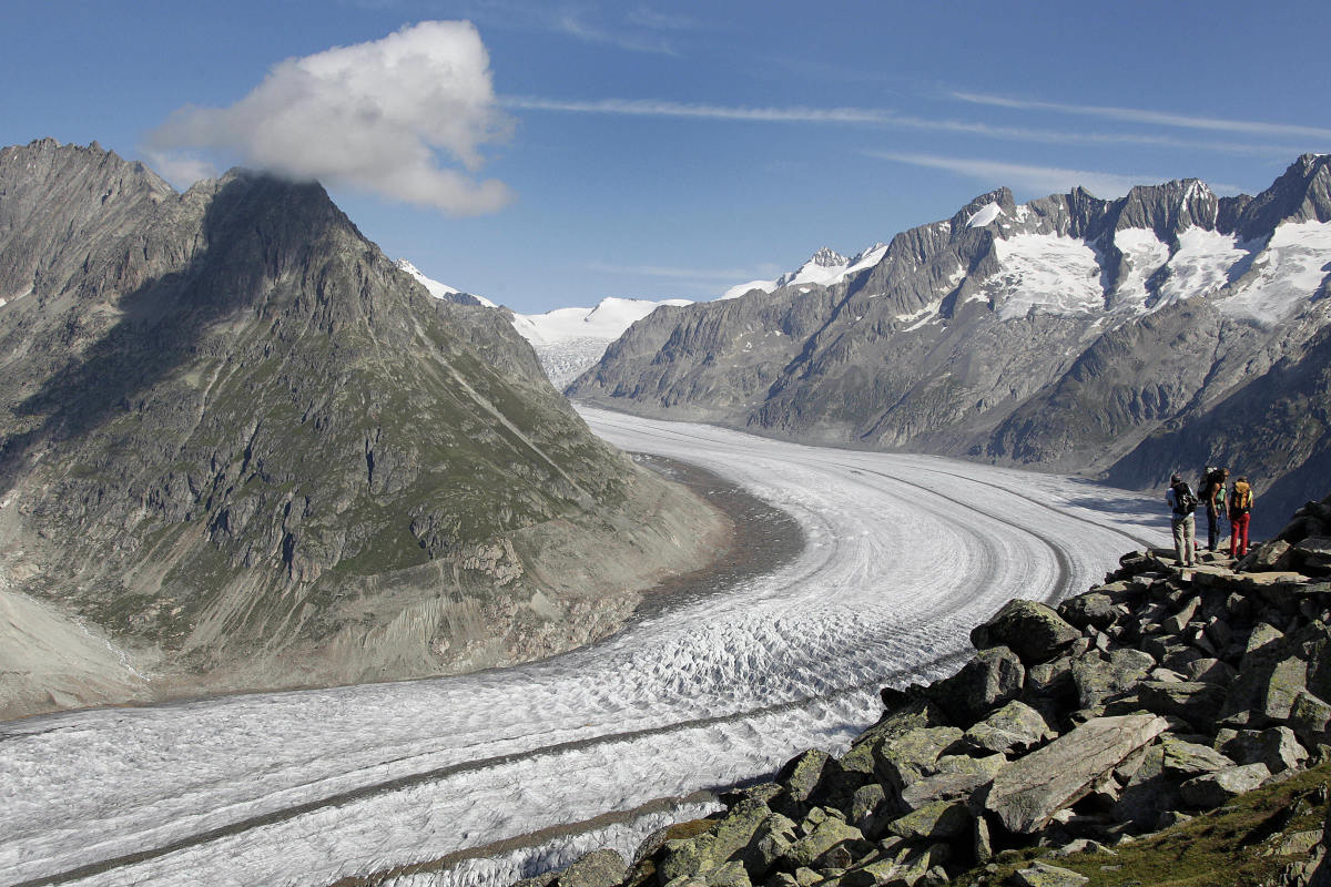 The Aletsch glacier, the largest in the Alps, continues toward the river Rhone.