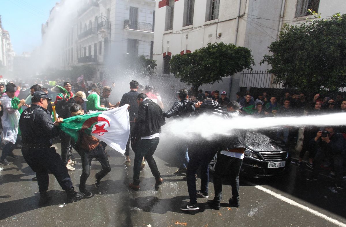 Algerian security forces use a water canon to disperse students taking part in an anti-government demonstration in the capital city of Algiers on April 9th, 2019. Lawmakers named the speaker of the upper house as Algeria's first new president in two decades on Wednesday, after the resignation of Abdelaziz Bouteflika following mass protests.
