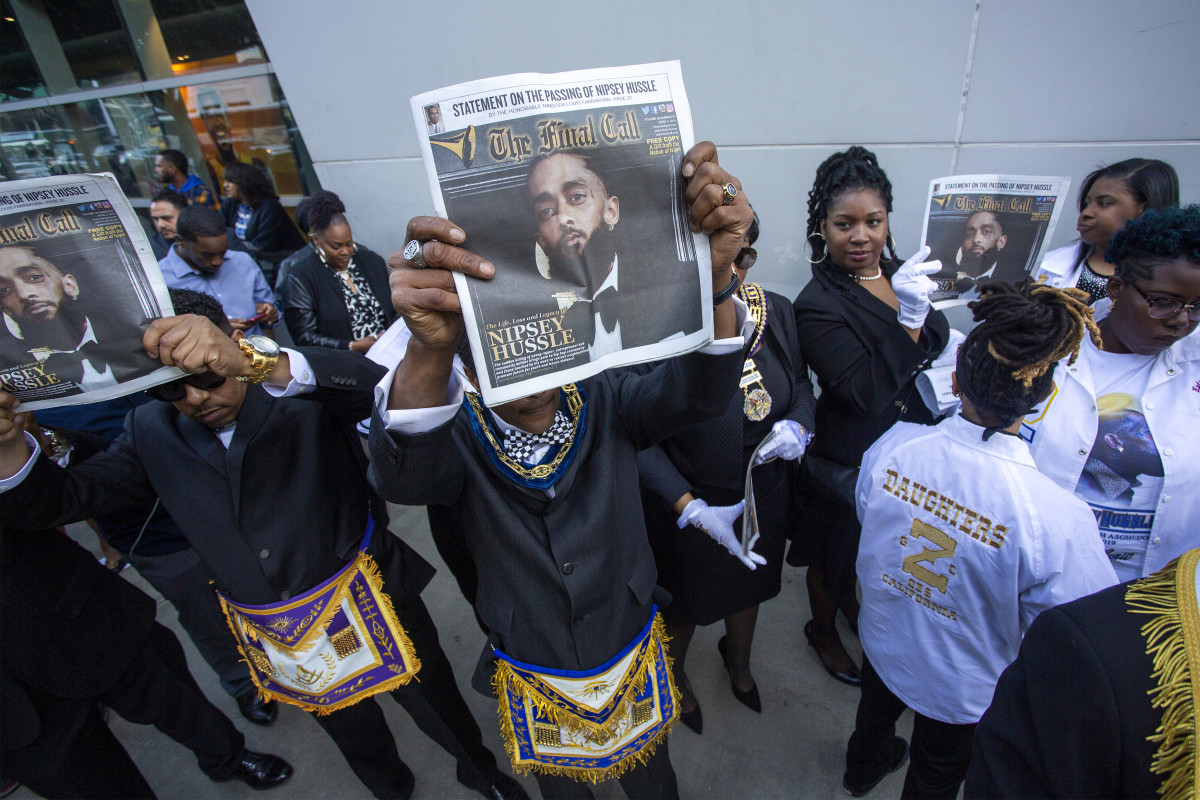 Masons attend a memorial celebration for slain rapper Nipsey Hussle at the Staples Center arena on April 11th, 2019 in Los Angeles, California. Fans filled the 21,000-seat arena to mourn the Grammy-nominated artist, who was shot and killed in front of his store, The Marathon Clothing, on March 31st, 2019 in Los Angeles.