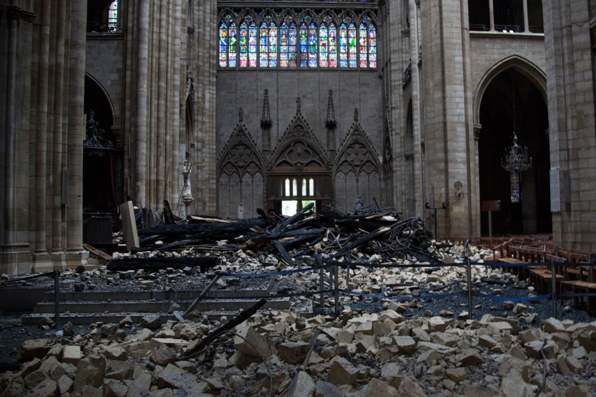 Debris is seen inside Notre Dame Cathedral in Paris on April 16th, 2019, a day after a fire that devastated the building in the center of the French capital.