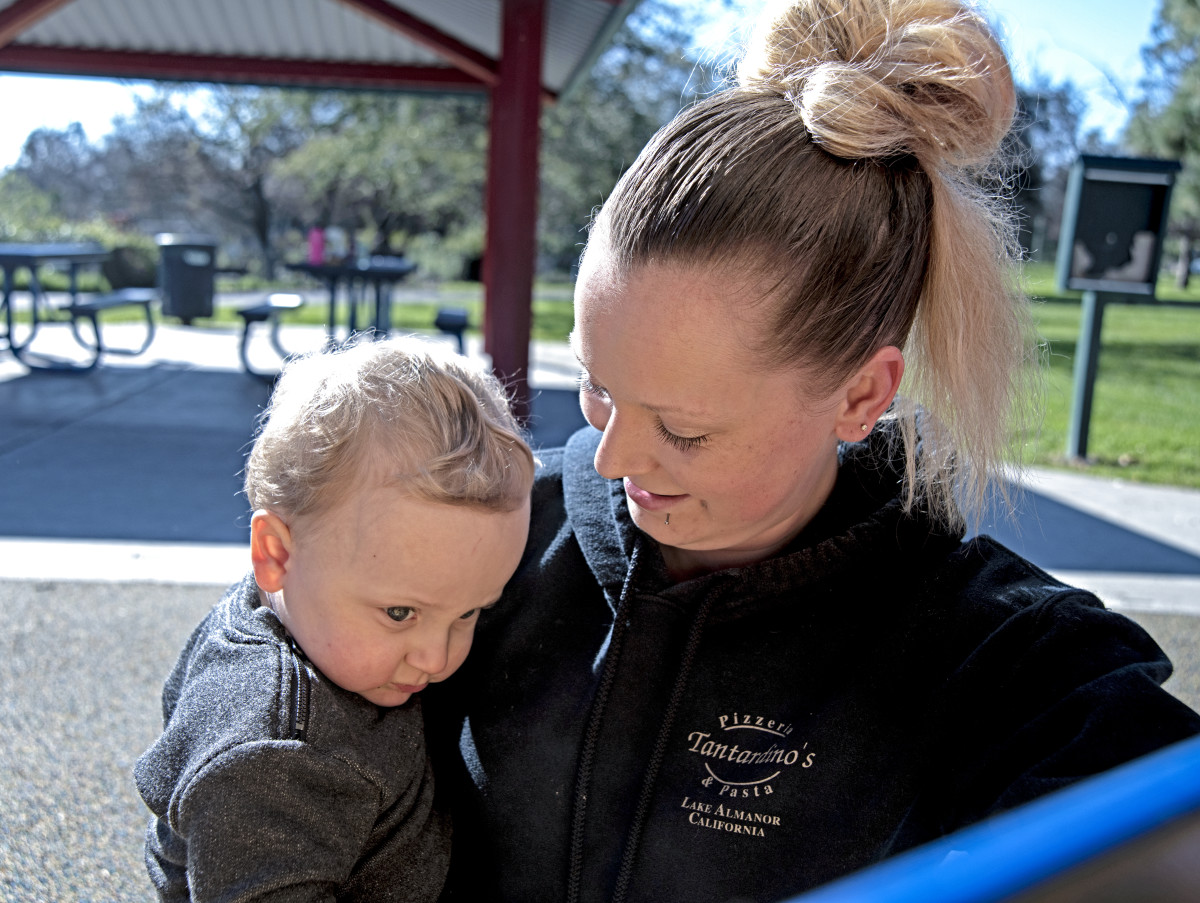 Kodi Gimblin spends time with her son Ryker at Howe Park in Sacramento, California, on March 15th, 2019.