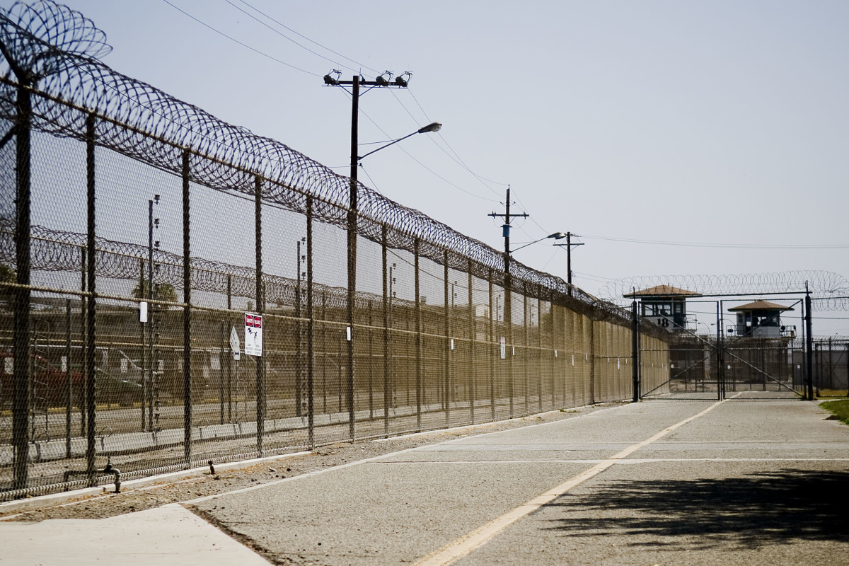 The California Institution for Men prison fence in Chino, California.