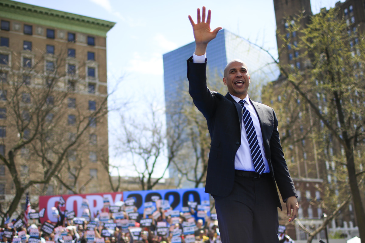 Senator Cory Booker greets supporters as he arrives to speak during a campaign event on April 13th, 2019, in Newark, New Jersey.