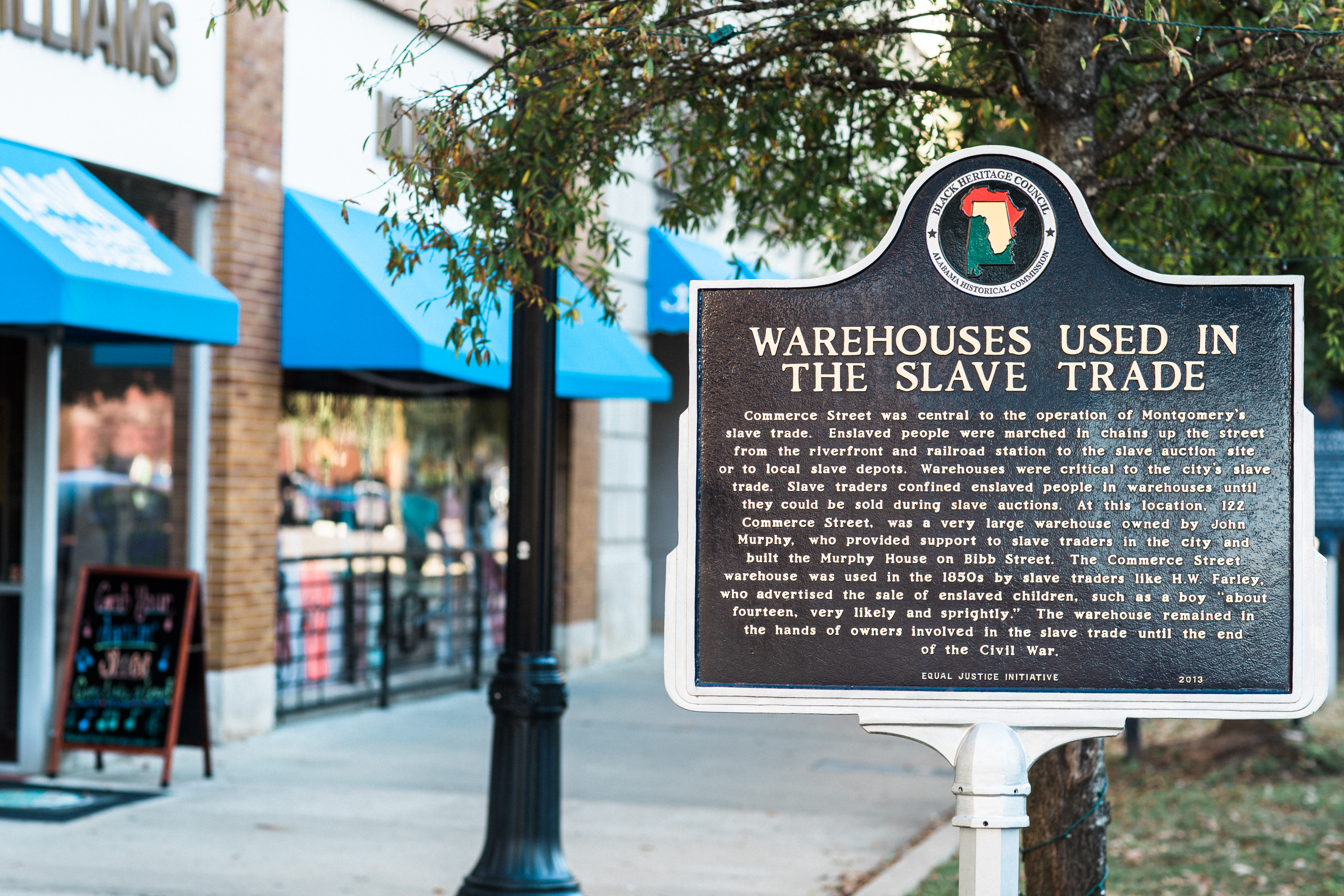 A historical marker outside the Equal Justice Initiative building in Montgomery, Alabama.