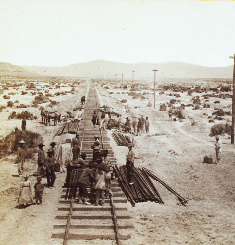 Numerous Chinese immigrants worked for the Central Pacific Railroad in the mid-1800s. Some are shown here installing tracks through Nevada's Humboldt Plains.