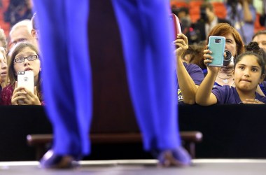 Young women listening as Hillary Clinton campaigns in Newark, New Jersey, on June 1st, 2016.