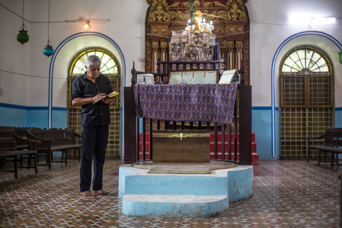 Josephai "Babu" Elias, in Kadavumbhagam Synagogue's prayer hall.