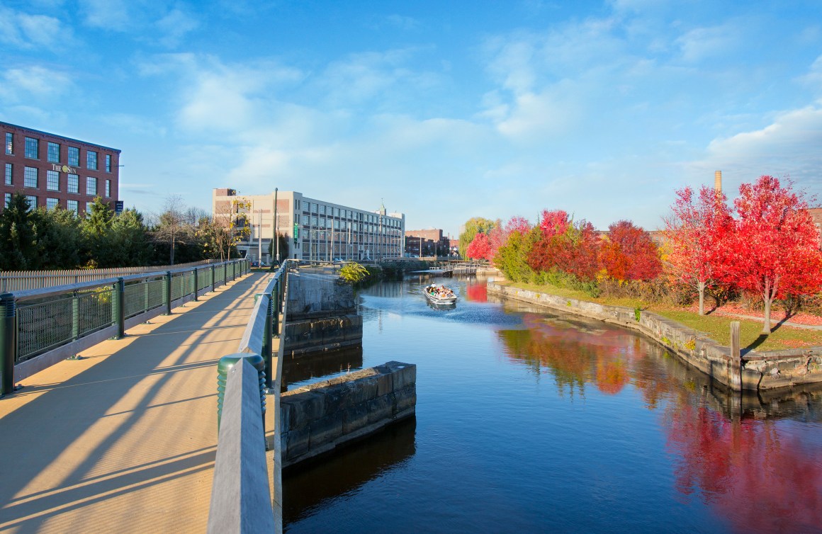 The Canal Walkway in Lowell, Massachusetts.