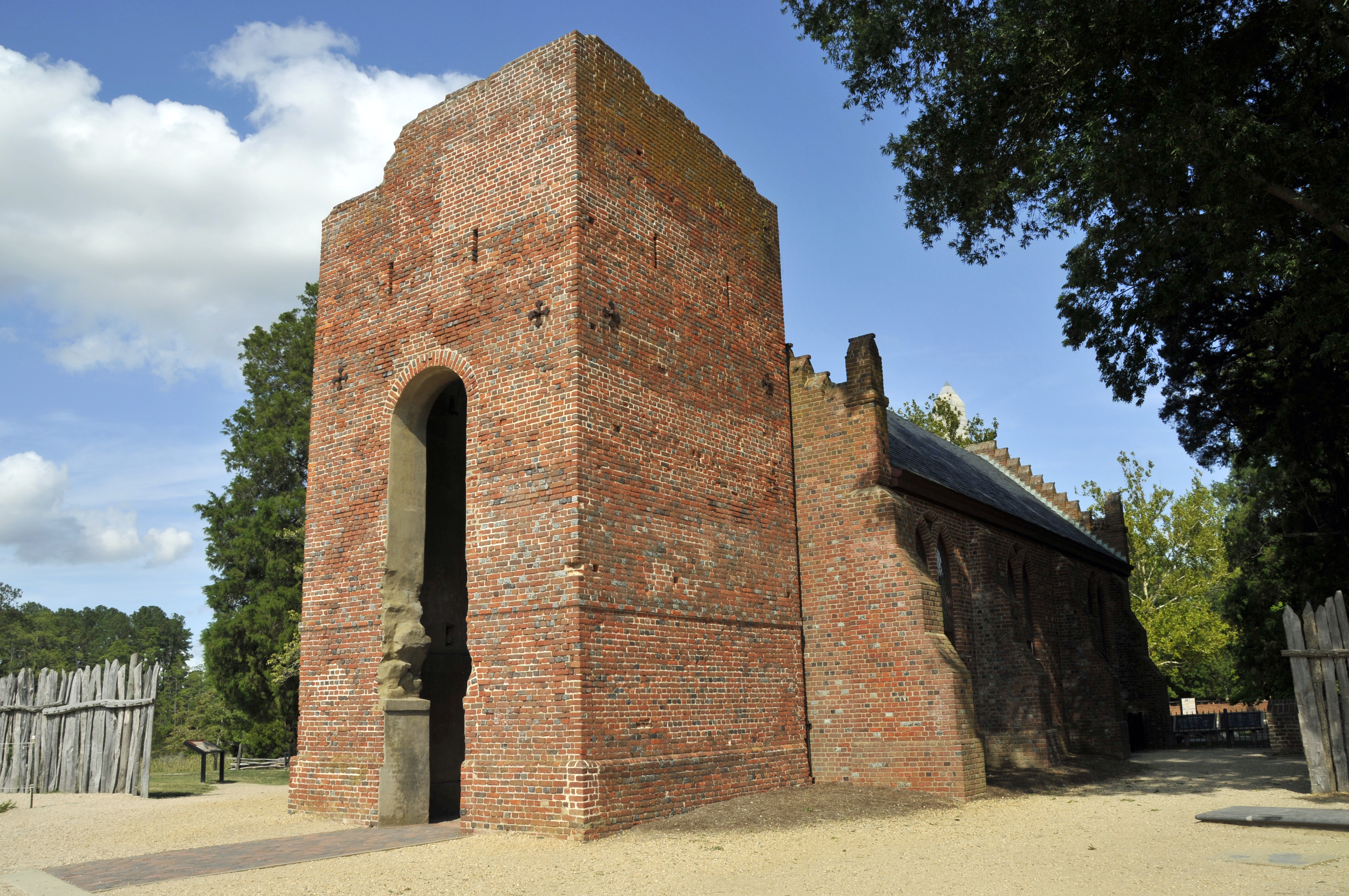 The ruined tower of the Jamestown Church, in Jamestown, Virginia.