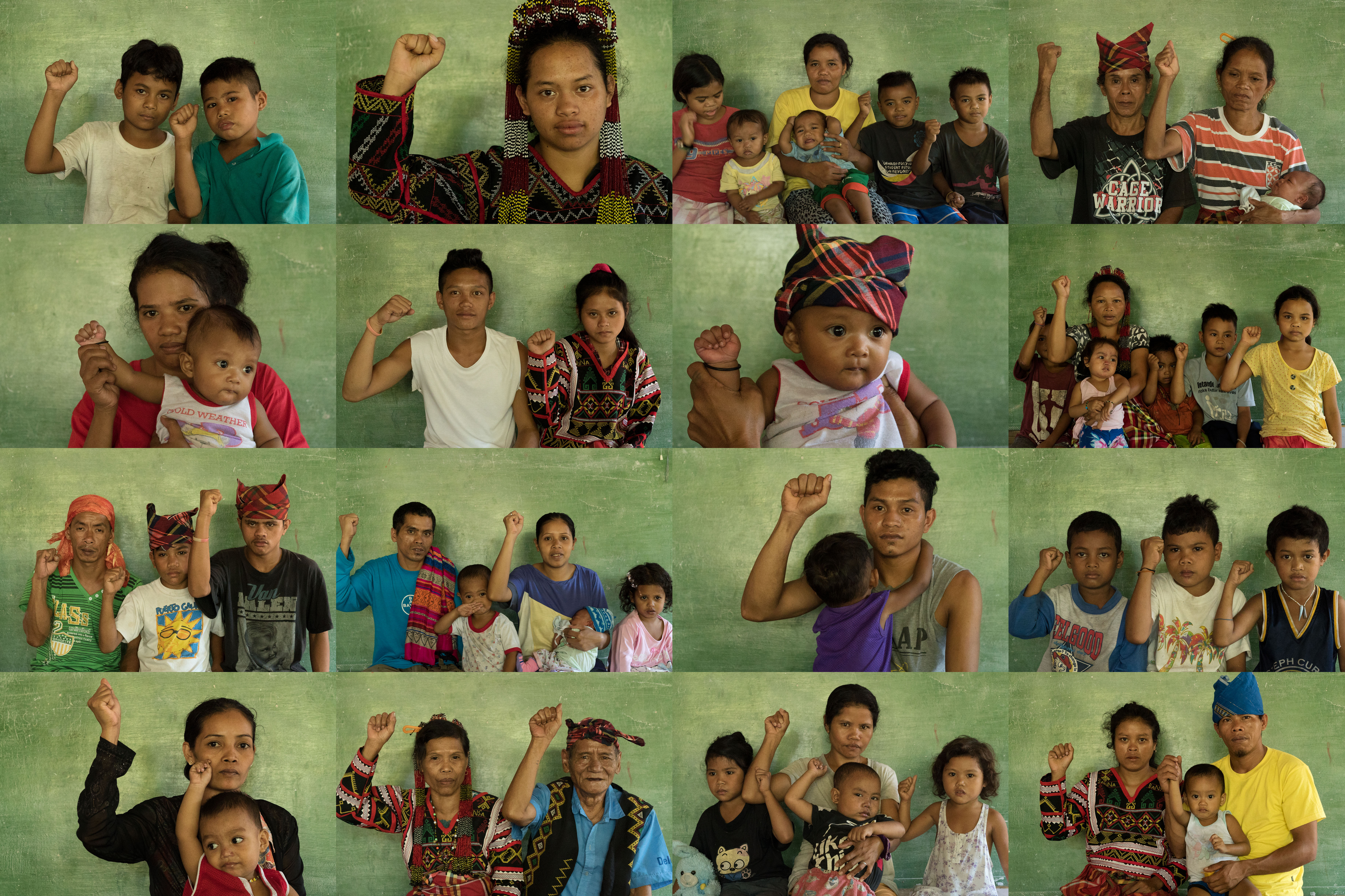 Collage of 16 photos showing villagers, including babies and children, holding up their right fists