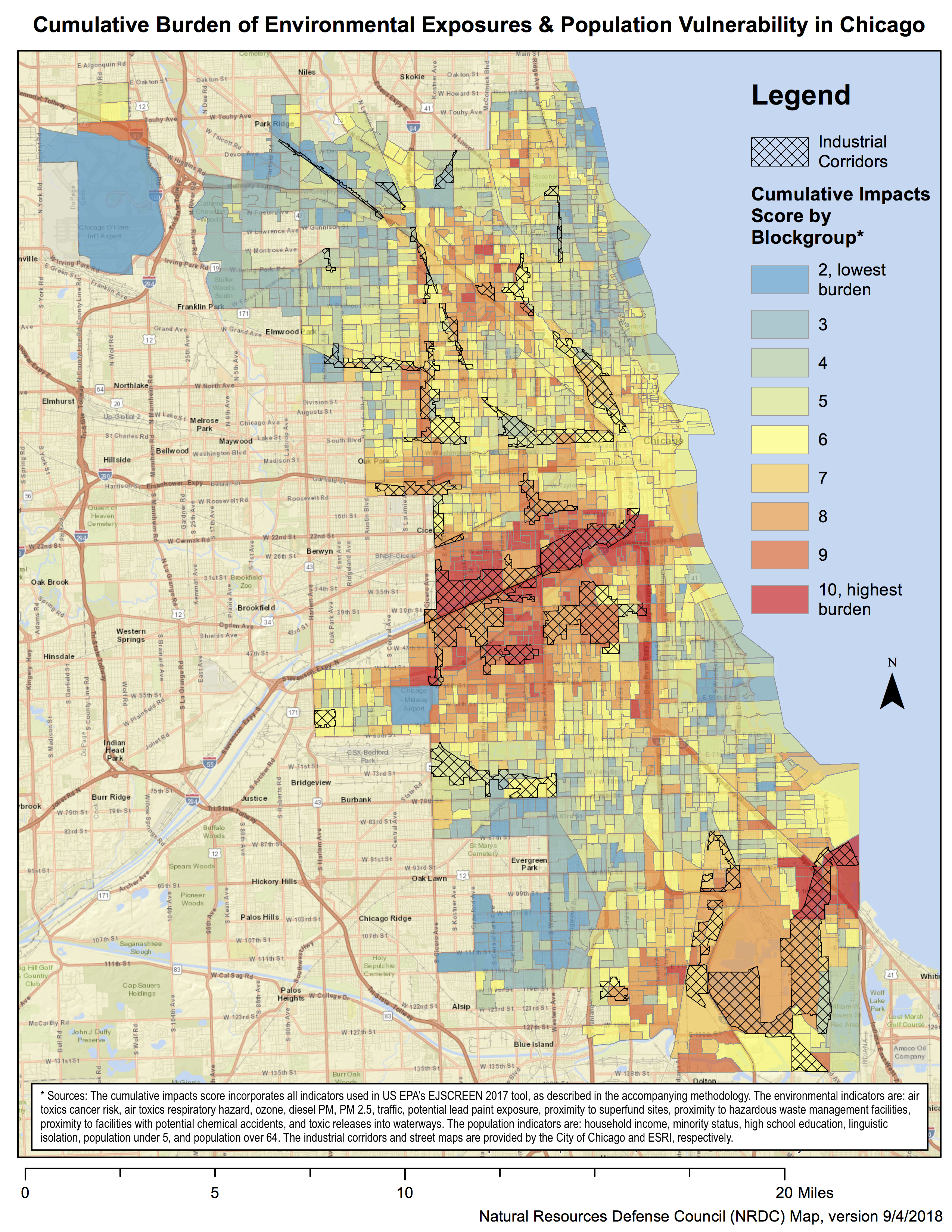 The NRDC's Industrial Corridors and Cumulative Impacts Map for Chicago shows which of the city's neighborhoods are most at risk from pollution.