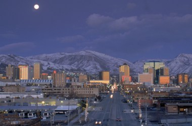 A general view of the Salt Lake City skyline taken during the 2002 Winter Olympic Games on February 18th, 2002.