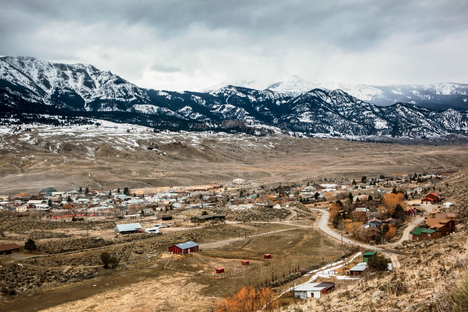 The town of Gardiner, Montana, at the northern entrance to Yellowstone. In the winter and spring, it is common to see bison all around Gardiner, where they are subject to being shot by ranchers, or by members of native tribes, who are, by treaty rights, the only people legally allowed to hunt bison as they leave the park.