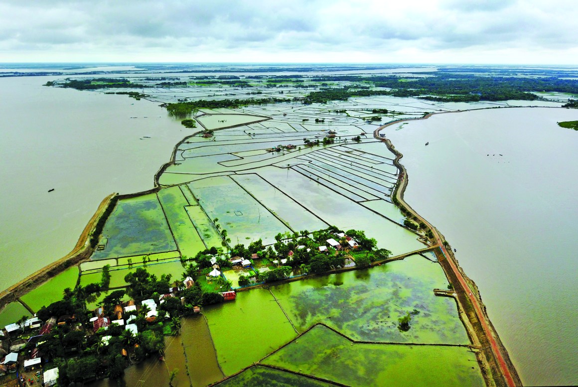 In southern Bangladesh, soil embankments protect rise paddies from the Kapotaksma (left) and Shakbaria (right) rivers during the rainy season, but the heavy storm surges frequently destroy them.