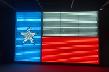 A neon Texas state flag on display at the Institute of Texan Culture in San Antonio, Texas.