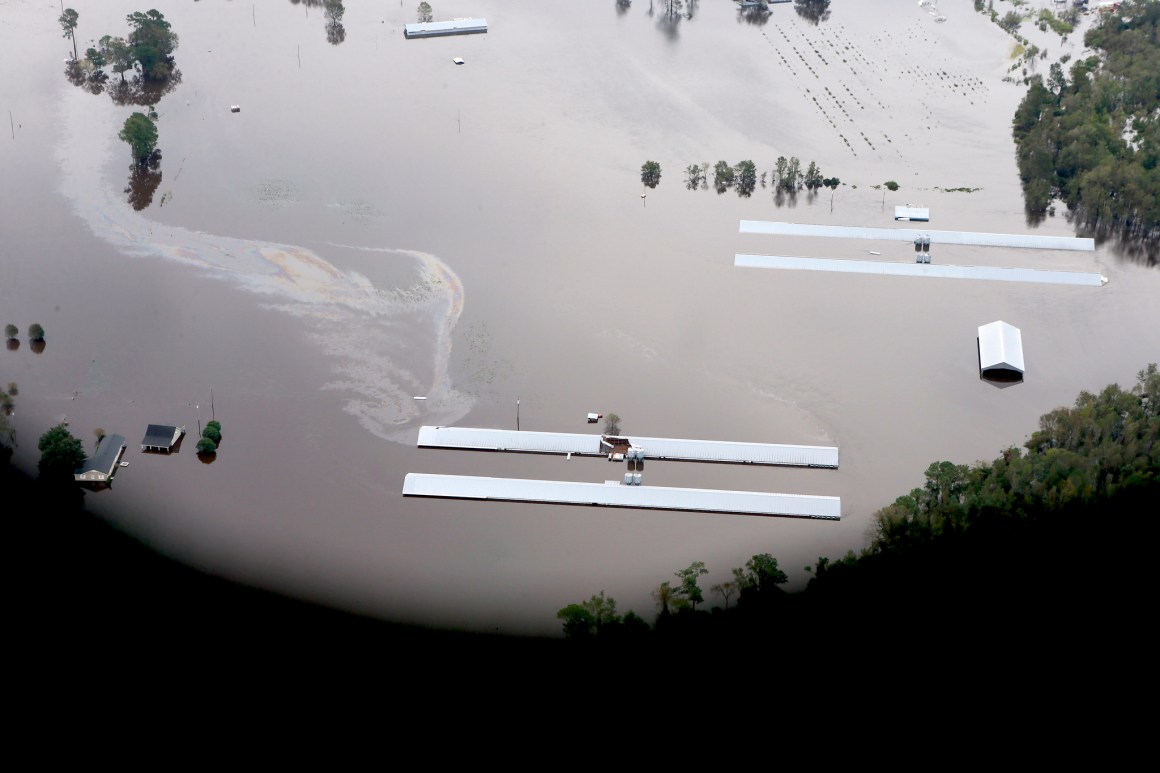 Pilots for Waterkeeper Alliance document the effects of Hurricane Florence's flooding on concentrated animal feeding operations in North Carolina on September 17th, 2018.