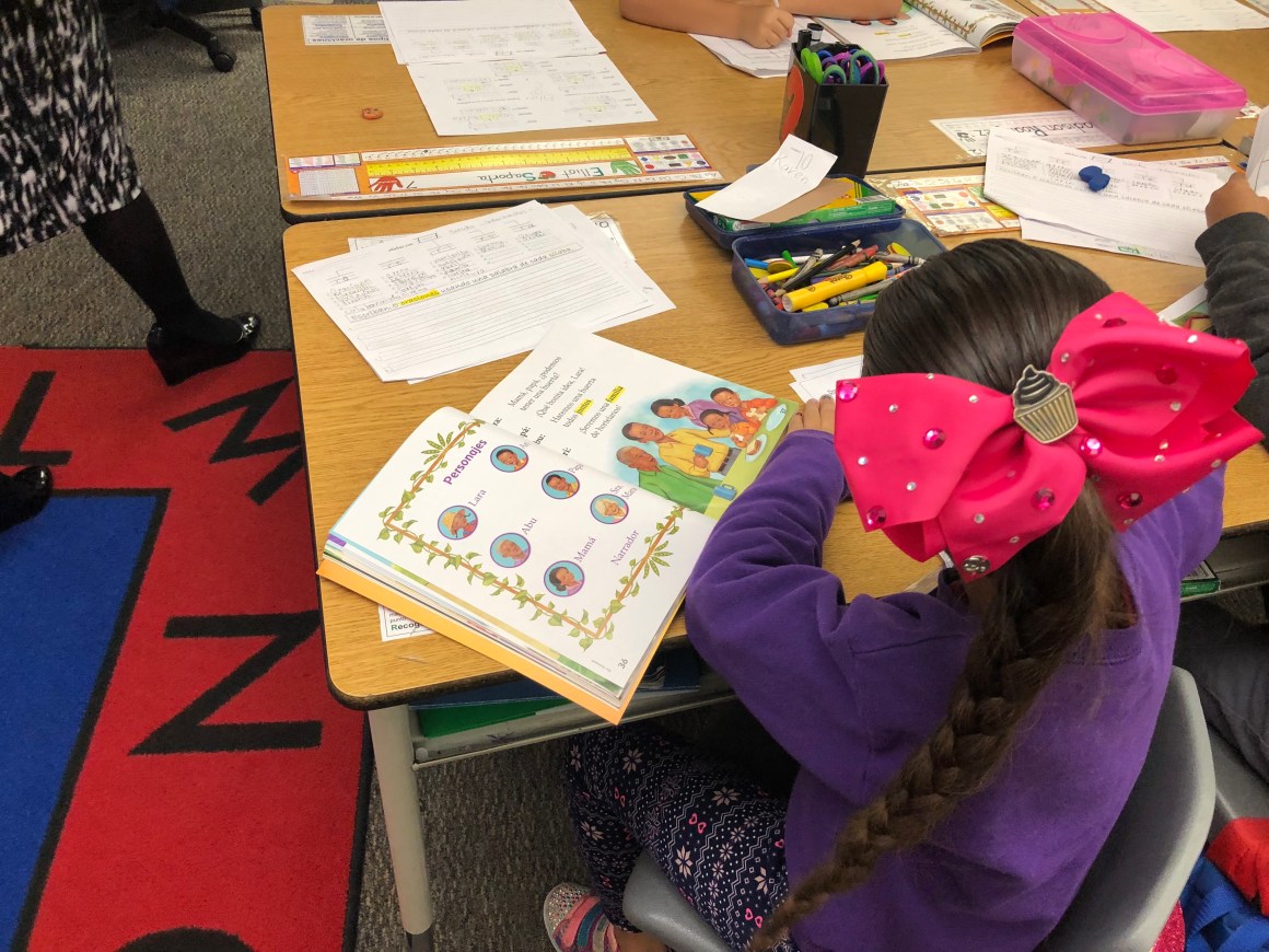 An elementary classroom in the two-way bilingual immersion program at Ann Leavenworth School in Fresno, California. The program starts in preschool and continues through sixth grade, aiming to develop high-level bilingual proficiency and biliteracy in English and Spanish.