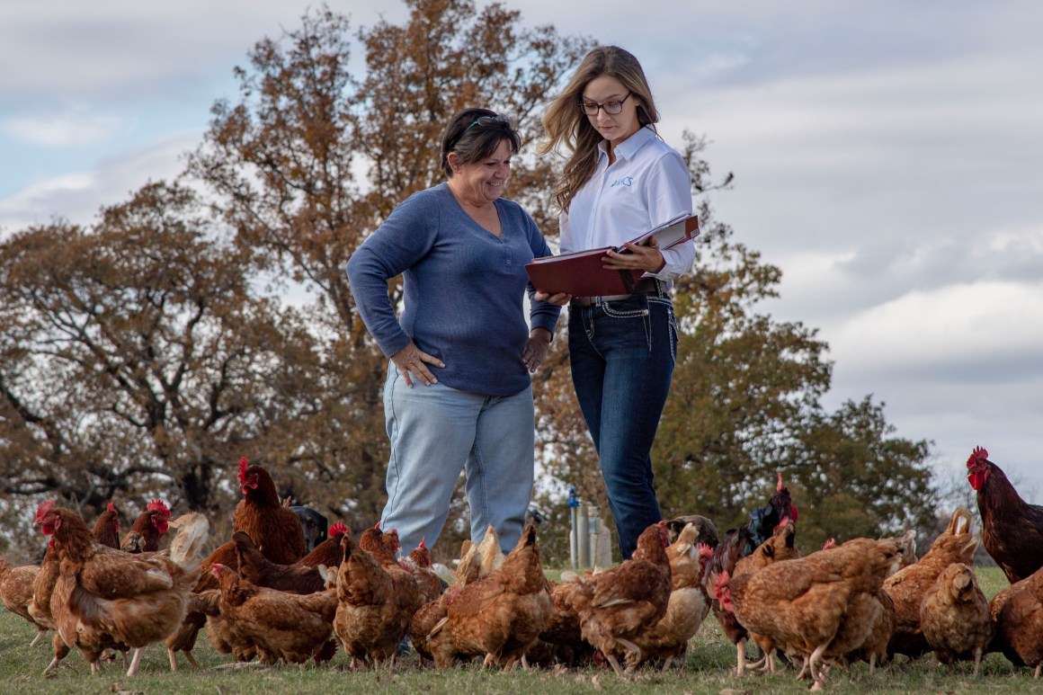 Native American farmer and retired teacher Jerri Parker, pictured with soil conservationist Mary Collier, operates a farm in Cromwell, Oklahoma.