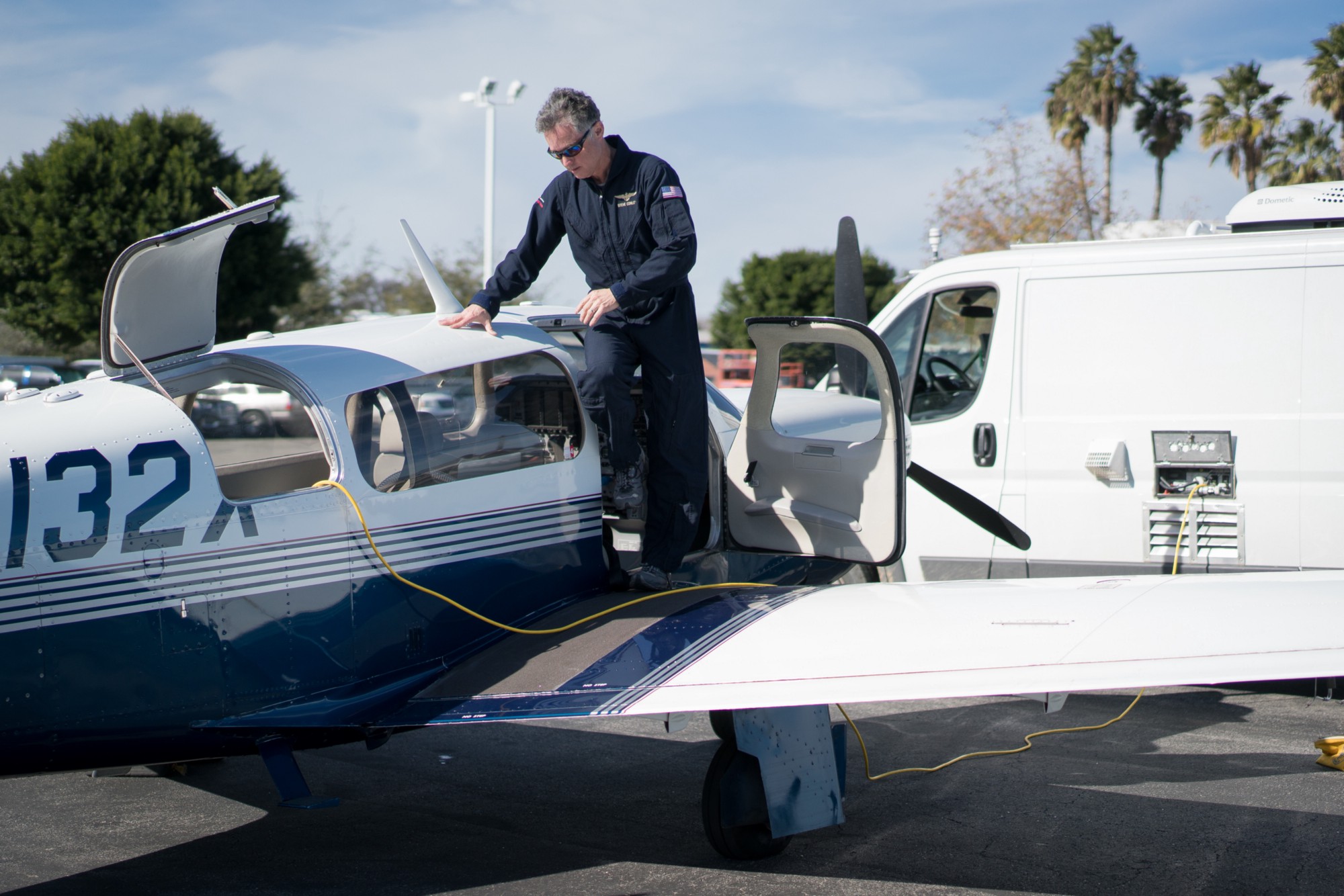 University of California-Davis scientist and pilot Stephen Conley steps over cables transferring data from instruments on his plane at Van Nuys airport on January 21st after making another flight over Aliso Canyon to measure methane emissions from the gas leak. Conley was one of the first scientists to sound alarms to the public about the massive scale of the leak and has been making flights for several weeks to gather data. The flight path goes through windy canyons and heavy turbulence before reaching the invisible cloud of methane and its accompanying foul-smelling compound mercaptan, which is a chemical added to make the odor of natural gas detectable. “I’ve had seven people, other researchers mostly, join me on the flights, and all seven of them have gotten sick on the ride,” he says. “I guess I’ve got a strong stomach.”