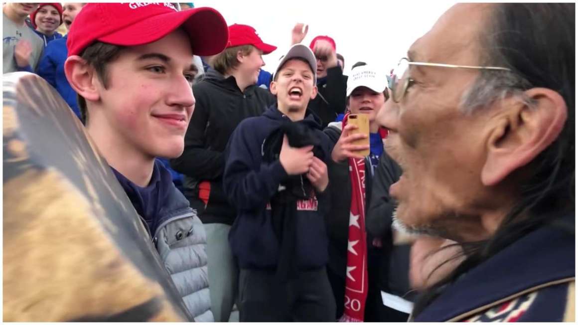 Students from Covington Catholic High School confront Native elder Nathan Phillips by the Lincoln Memorial in Washington, D.C., on January 19th, 2019.