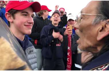 Students from Covington Catholic High School confront Native elder Nathan Phillips by the Lincoln Memorial in Washington, D.C., on January 19th, 2019.