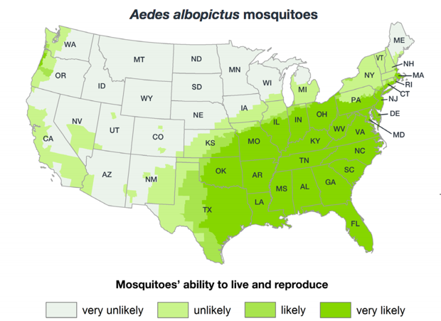 A map of the Center for Disease Control and Prevention's best estimate of the potential range of the Asian tiger (Aedes albopictus) mosquito, as of 2017. They do not, however, show risk of the spread of diseases.